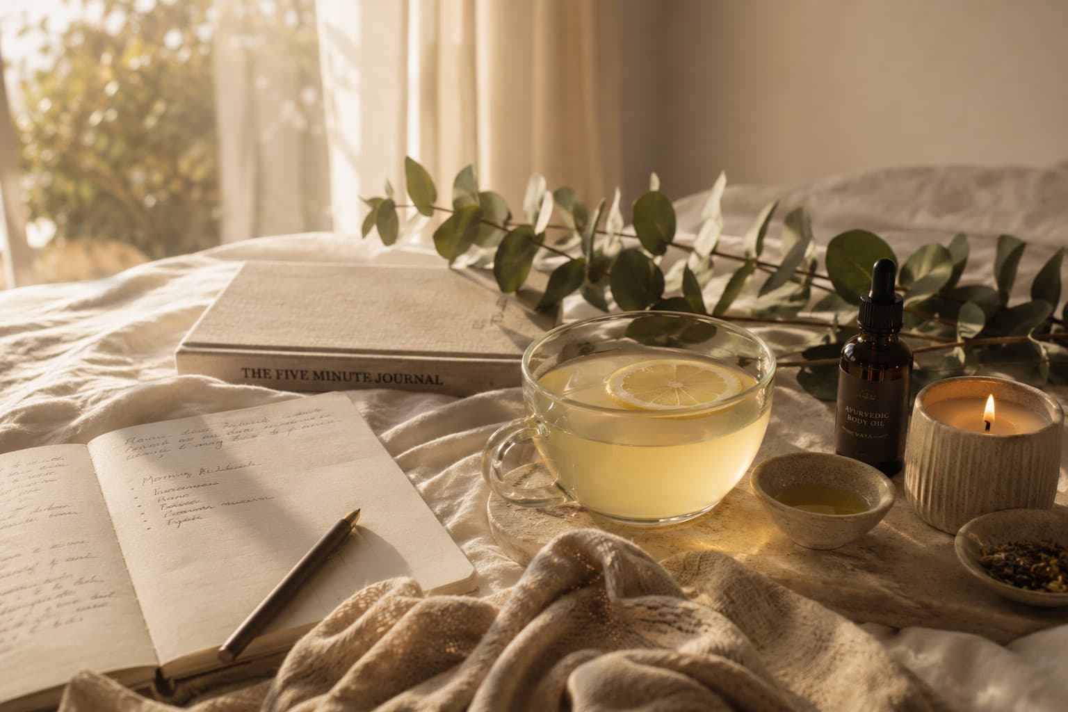A morning ritual laid out on linen: journal, lemon tea, body oil and eucalyptus