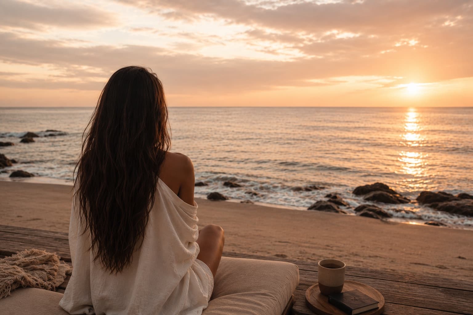 A woman watching the sunrise over the sea, wrapped in linen