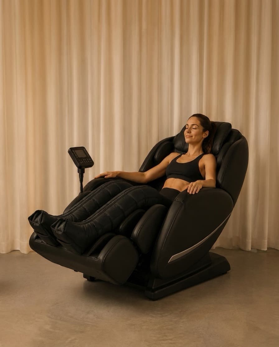 A woman relaxing on a sofa wearing recovery compression boots on her legs