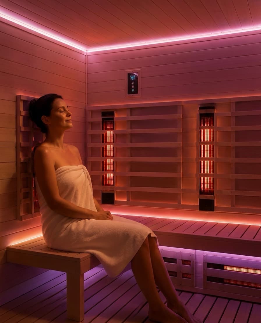 A woman relaxing inside a full spectrum infrared sauna